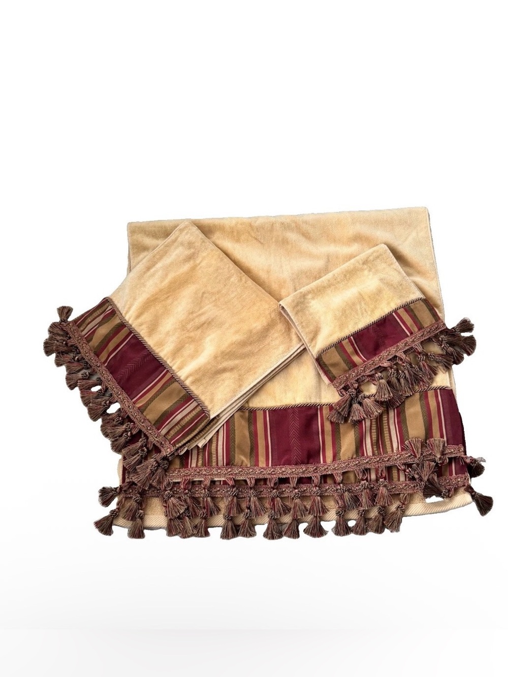 Vintage Croscill Flocked Damask French 3Pc Towel Set Gold Bath Hand Tassels Deco